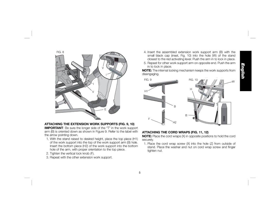 DeWalt DWX726 instruction manual Attaching the Extension Work Supports, Attaching the Cord Wraps 