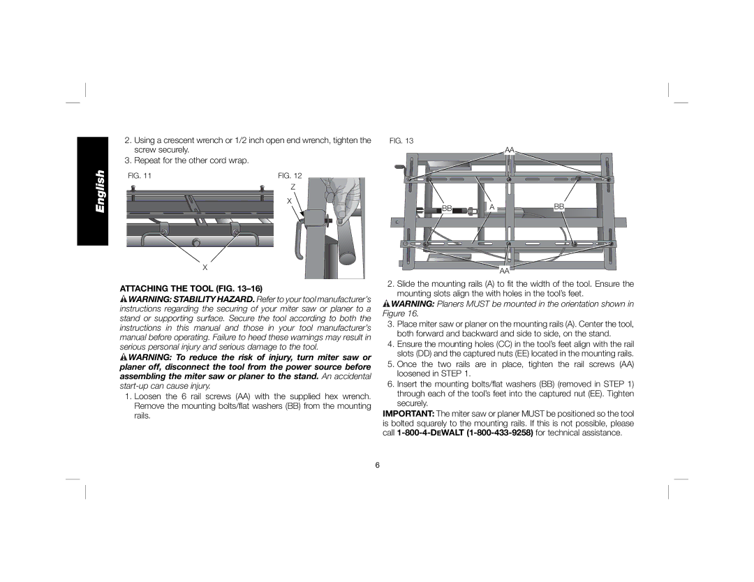 DeWalt DWX726 instruction manual Attaching the Tool FIG, Mounting slots align the with holes in the tool’s feet 