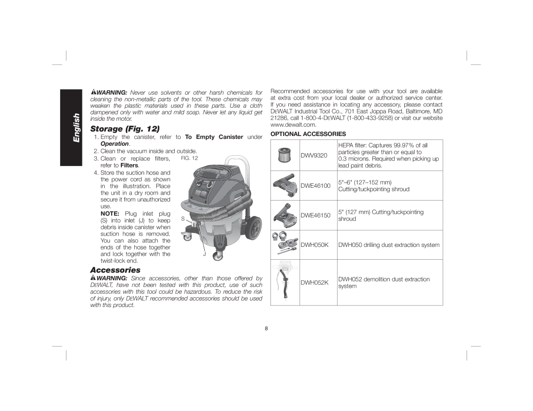 DeWalt Dwy102 instruction manual Storage Fig, Optional Accessories 