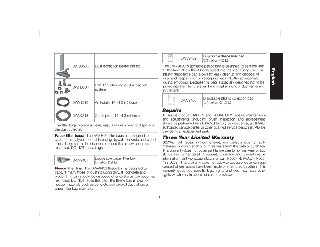 DeWalt Dwy102 instruction manual Repairs, Three Year Limited Warranty 