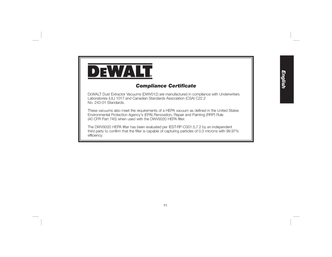 DeWalt Dwy102 instruction manual Compliance Certiﬁcate 