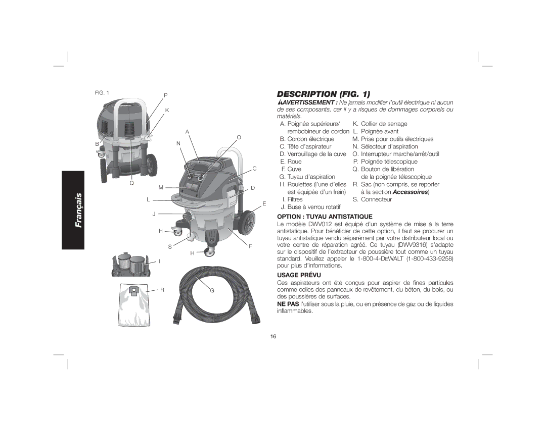 DeWalt Dwy102 instruction manual Description FIG, Option Tuyau Antistatique, Usage Prévu 