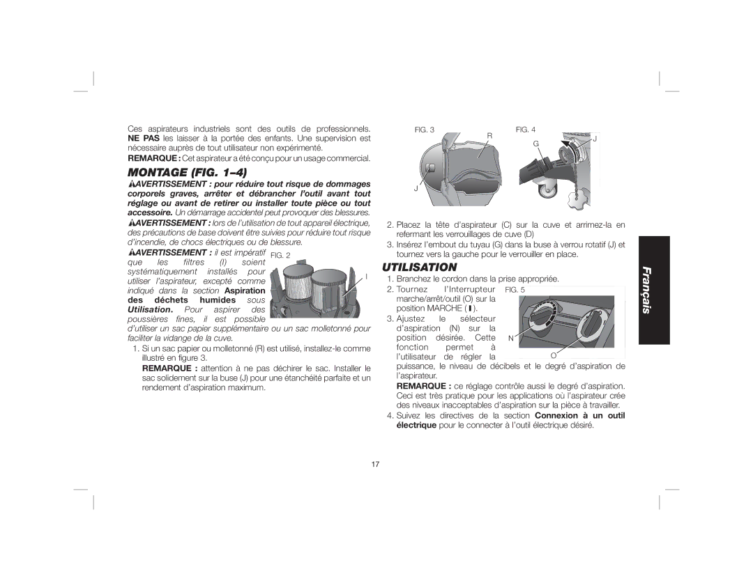 DeWalt Dwy102 instruction manual Montage FIG, Utilisation, Des Déchets Humides 