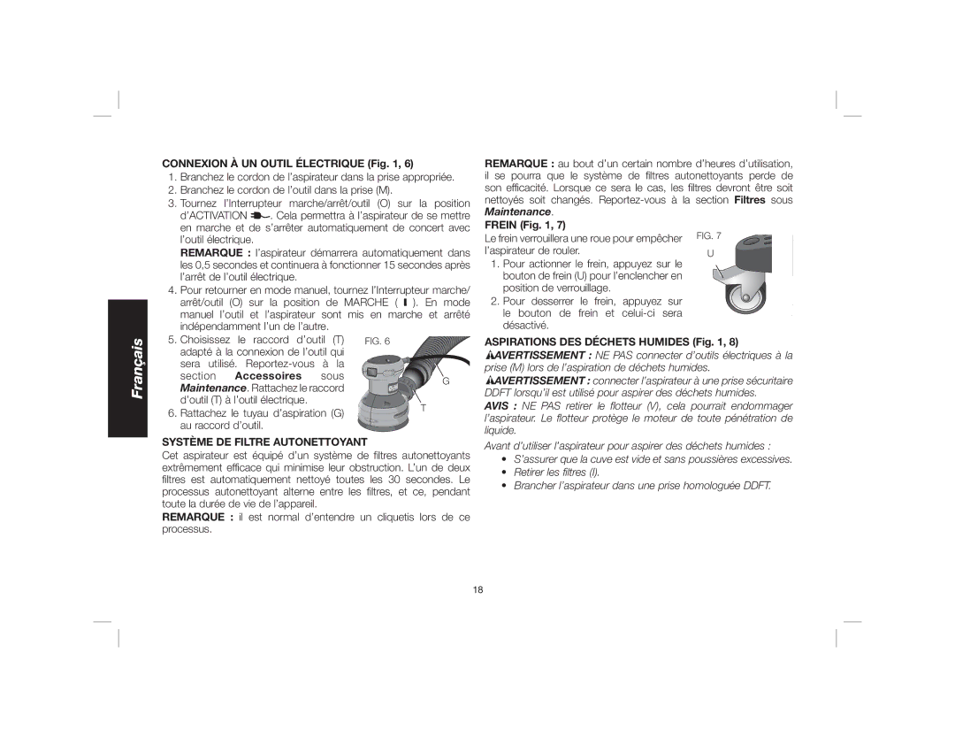 DeWalt Dwy102 instruction manual Connexion À UN Outil Électrique, Accessoires, Système DE Filtre Autonettoyant, Frein 