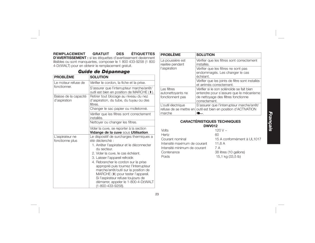 DeWalt Dwy102 Guide de Dépannage, Problème Solution, Vidange de la cuve sous Utilisation, Caractéristiques Techniques 