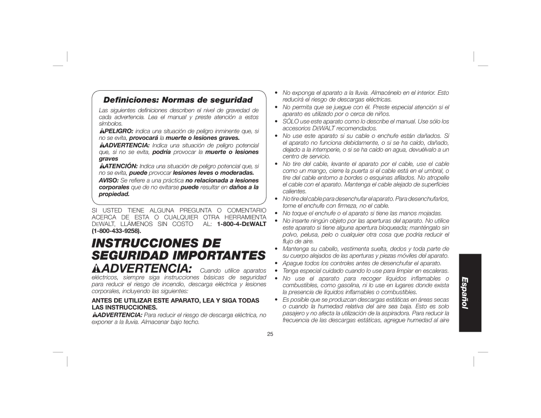 DeWalt Dwy102 instruction manual Instrucciones DE Seguridad Importantes, Deﬁniciones Normas de seguridad 