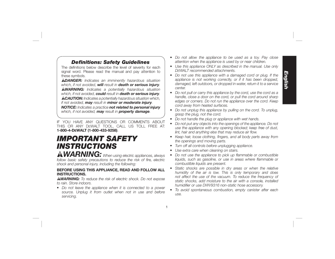 DeWalt Dwy102 instruction manual Important Safety Instructions, Deﬁnitions Safety Guidelines 