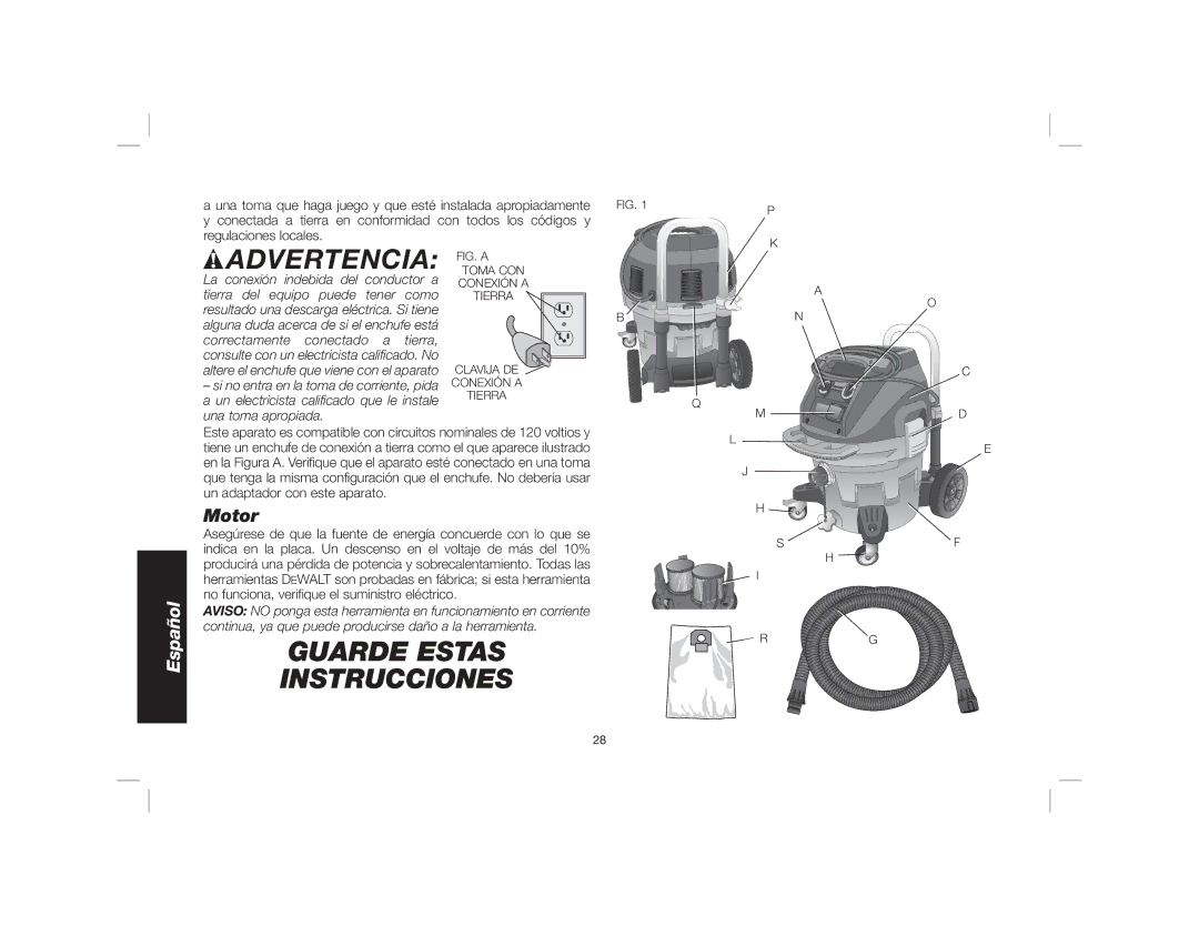 DeWalt Dwy102 instruction manual Advertencia, Motor 