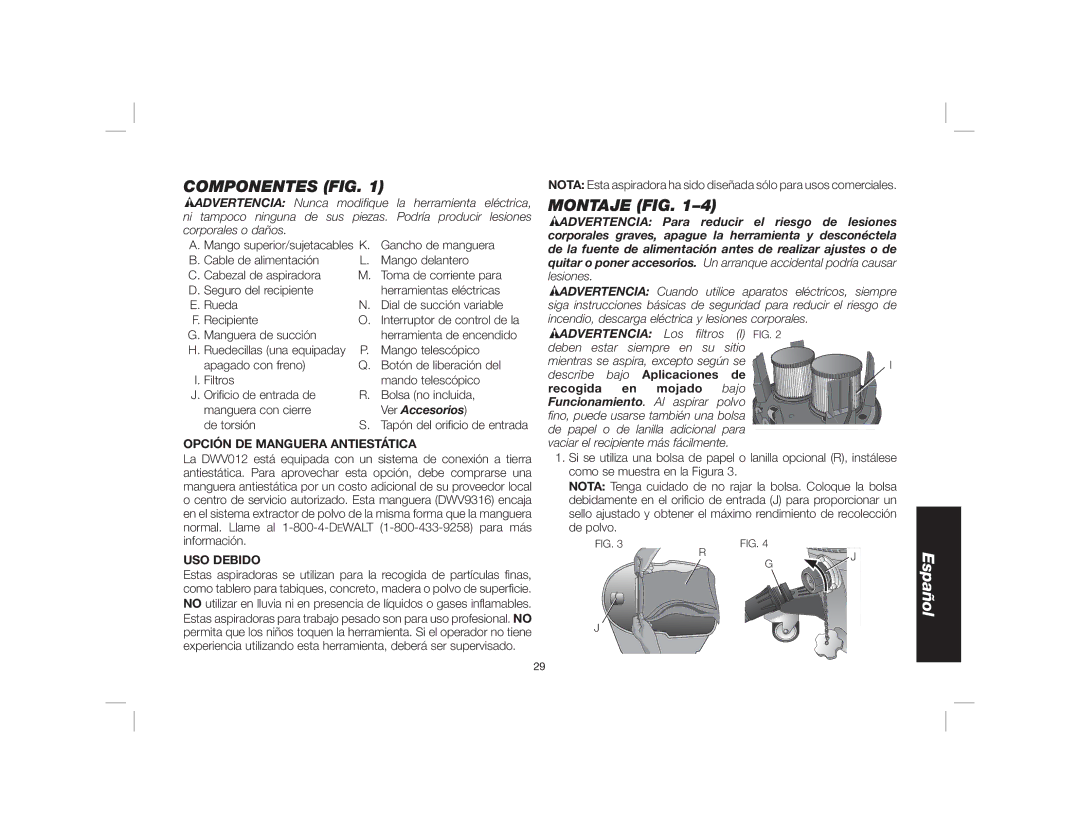 DeWalt Dwy102 Componentes FIG, Montaje FIG, Ver Accesorios, Advertencia Los filtros, Aplicaciones Recogida Mojado bajo 