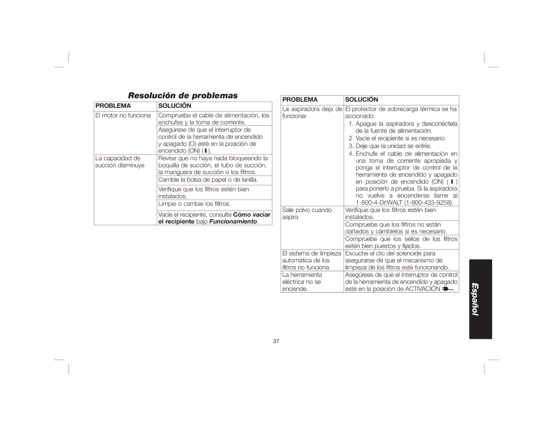 DeWalt Dwy102 instruction manual Resolución de problemas, Problema Solución, El recipiente bajo Funcionamiento 