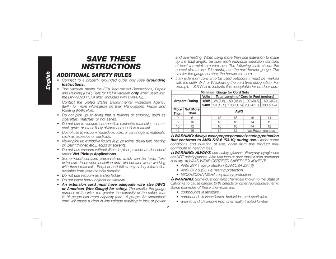 DeWalt Dwy102 instruction manual Save These Instructions, Additional Safety Rules 