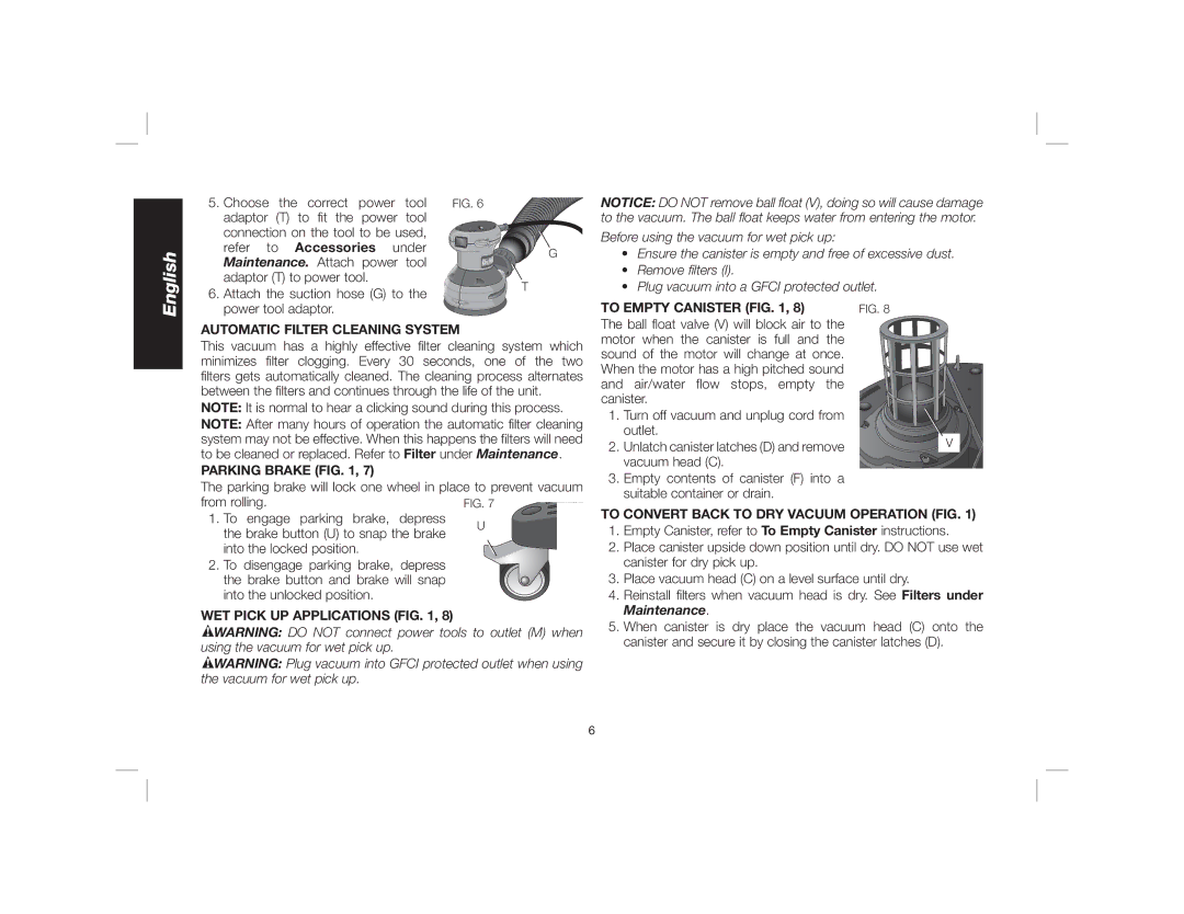 DeWalt Dwy102 instruction manual Accessories under, To Empty Canister Automatic Filter Cleaning System, Parking Brake 