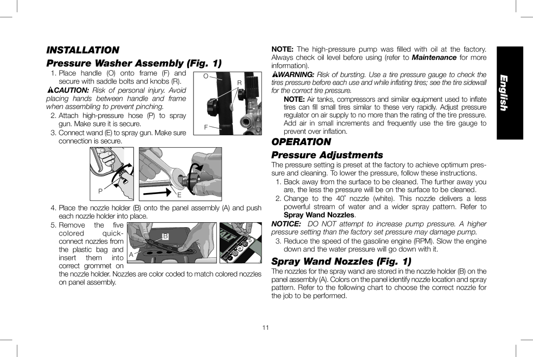 DeWalt DXPW3025 Installation, Pressure Washer Assembly Fig, Operation, Pressure Adjustments, Spray Wand Nozzles Fig 