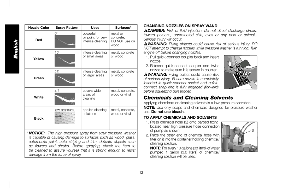 DeWalt DXPW3025 Chemicals and Cleaning Solvents, Changing Nozzles on Spray Wand, To apply chemicals and solvents 