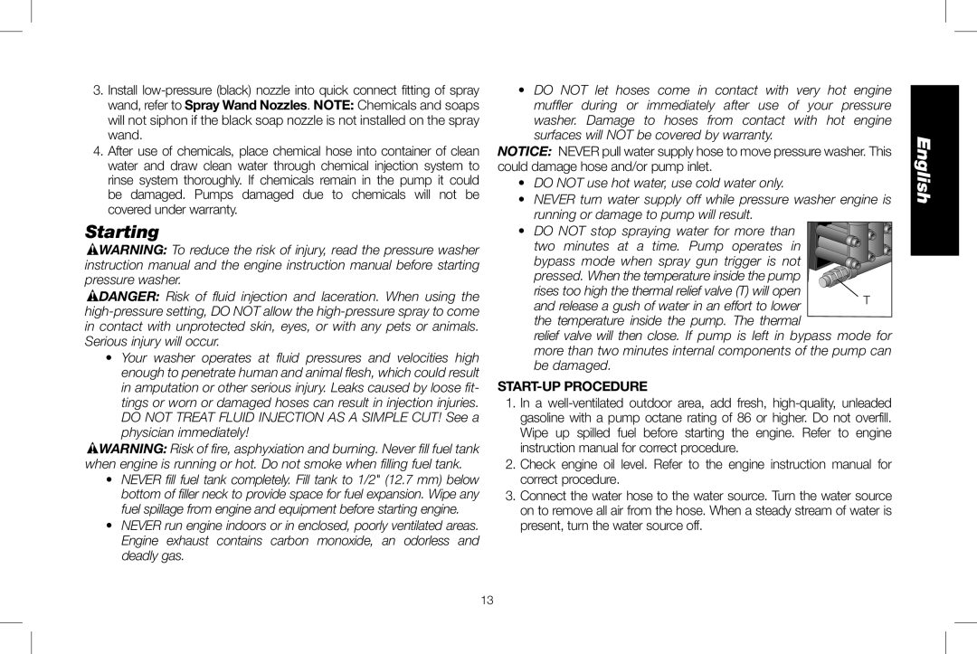 DeWalt DXPW3025 instruction manual Starting, Start-up Procedure 