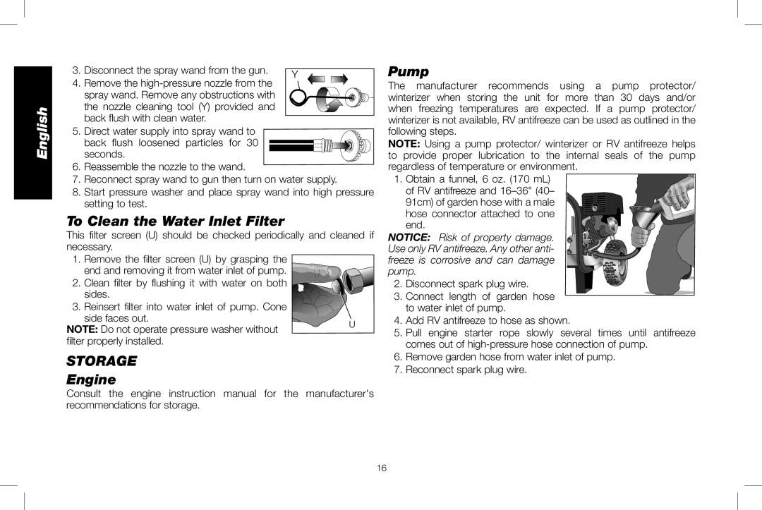 DeWalt DXPW3025 instruction manual To Clean the Water Inlet Filter, Storage 