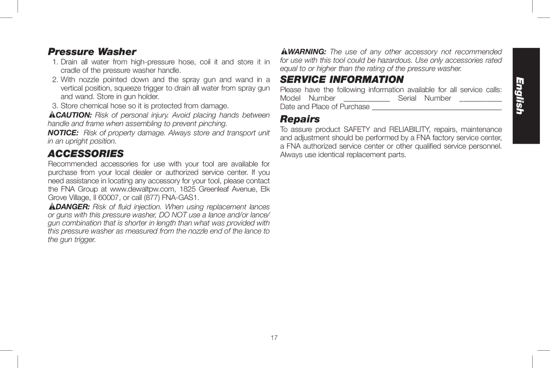 DeWalt DXPW3025 instruction manual Pressure Washer, Accessories Service Information, Repairs 