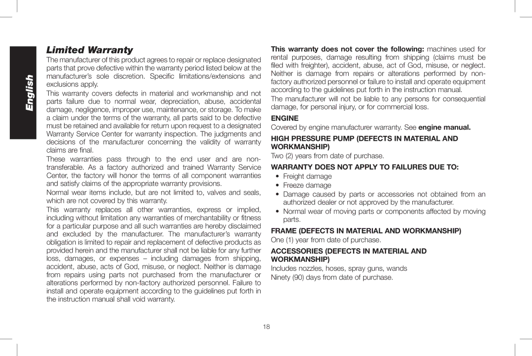 DeWalt DXPW3025 instruction manual Limited Warranty, High Pressure Pump defects in material and workmanship 