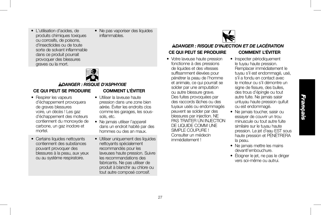 DeWalt DXPW3025 Lutilisation dacides, de, Ou corrosifs, de poisons, Dinsecticides ou de toute, Dans ce produit pourrait 