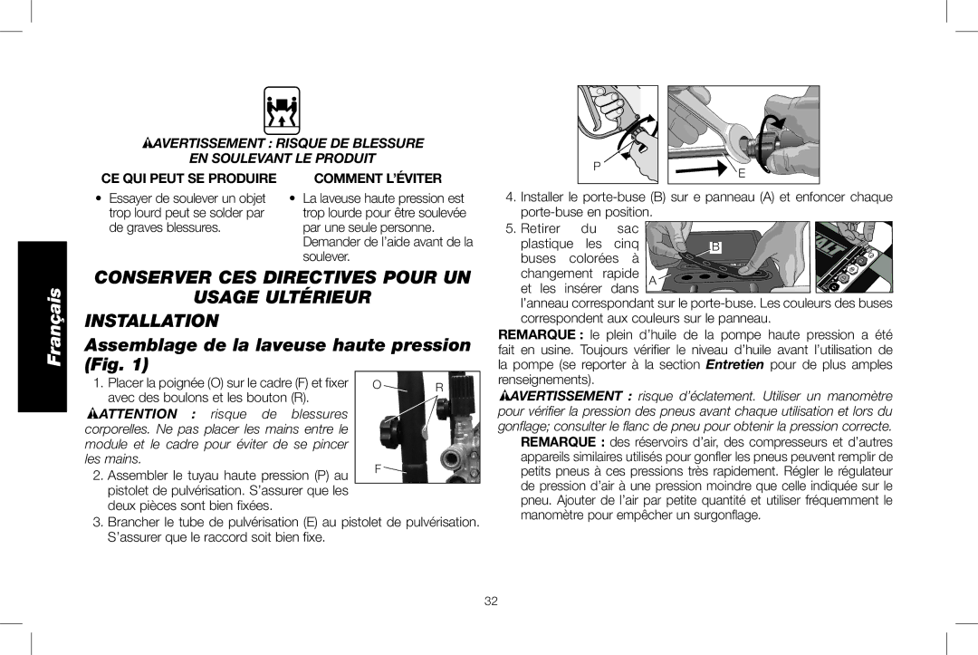 DeWalt DXPW3025 instruction manual Assemblage de la laveuse haute pression Fig, Buses colorées à, Changement 