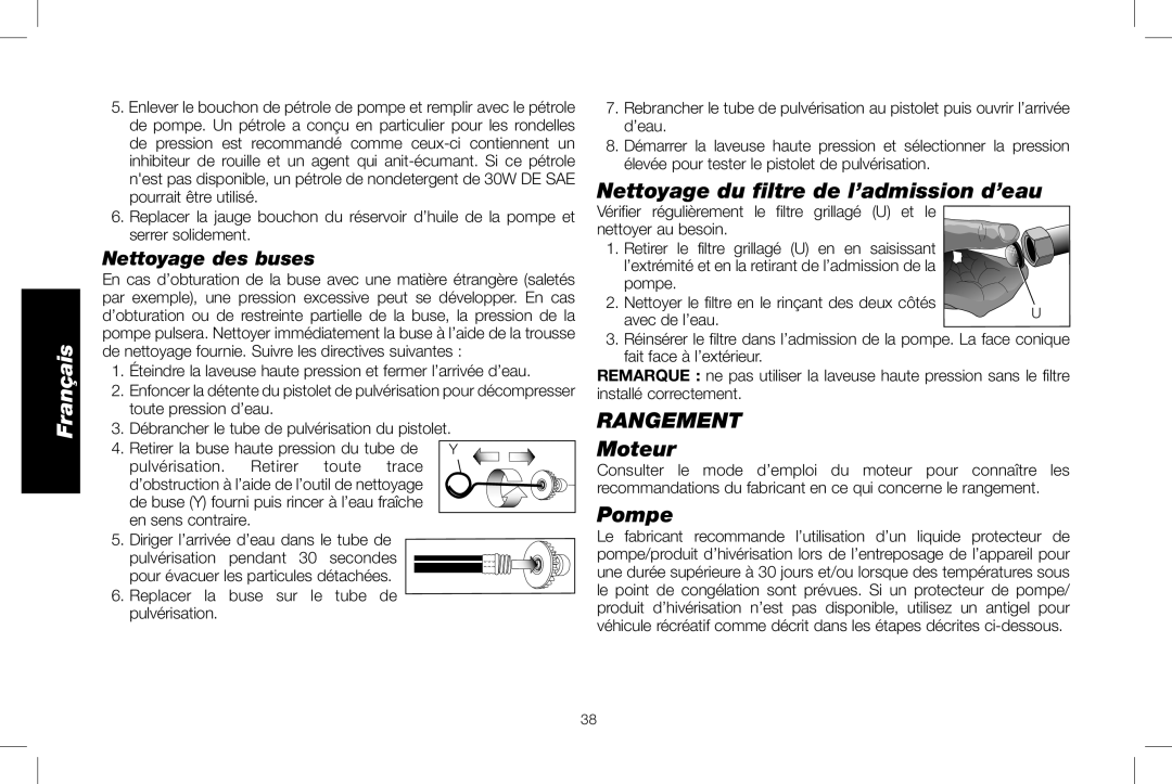 DeWalt DXPW3025 instruction manual Nettoyage du filtre de l’admission d’eau, Rangement 