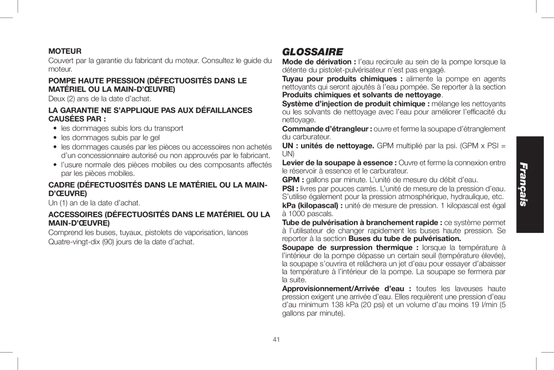 DeWalt DXPW3025 instruction manual Glossaire, Moteur, La garantie ne s’applique pas aux défaillances causées par 