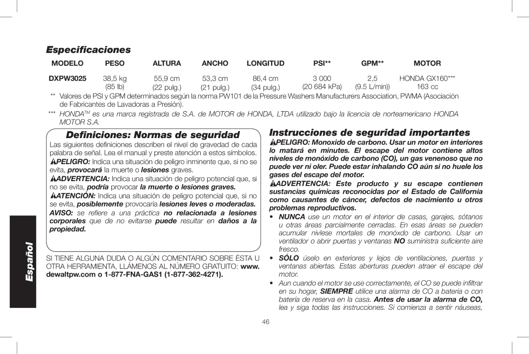 DeWalt DXPW3025 Especificaciones, Definiciones Normas de seguridad, Instrucciones de seguridad importantes, GPM Motor 