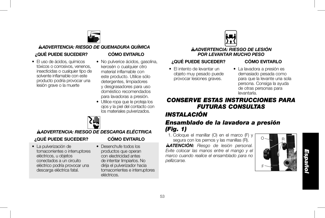 DeWalt DXPW3025 El uso de ácidos, químicos, Kerosén o cualquier otro, Lesión grave o la muerte, Material inflamable con 