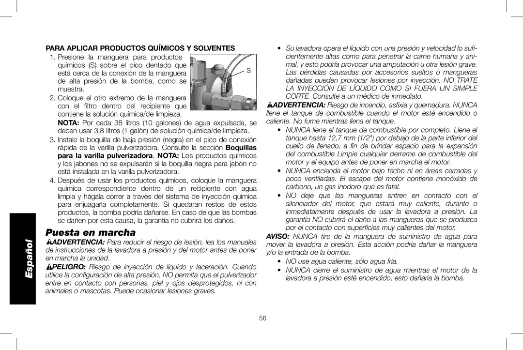 DeWalt DXPW3025 instruction manual Puesta en marcha, Para Aplicar Productos Químicos Y Solventes 