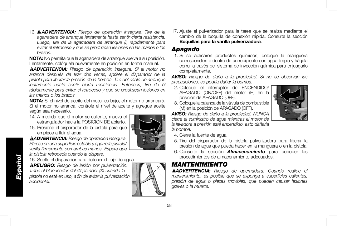 DeWalt DXPW3025 Apagado, Mantenimiento, Suelte el disparador para detener el flujo de agua, Cierre la fuente de agua 