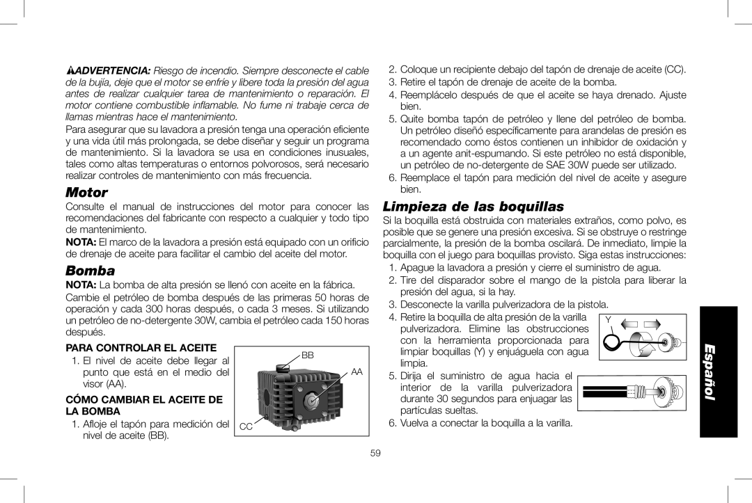 DeWalt DXPW3025 Limpieza de las boquillas, Para Controlar EL Aceite, Cómo Cambiar EL Aceite DE LA Bomba, Limpia 