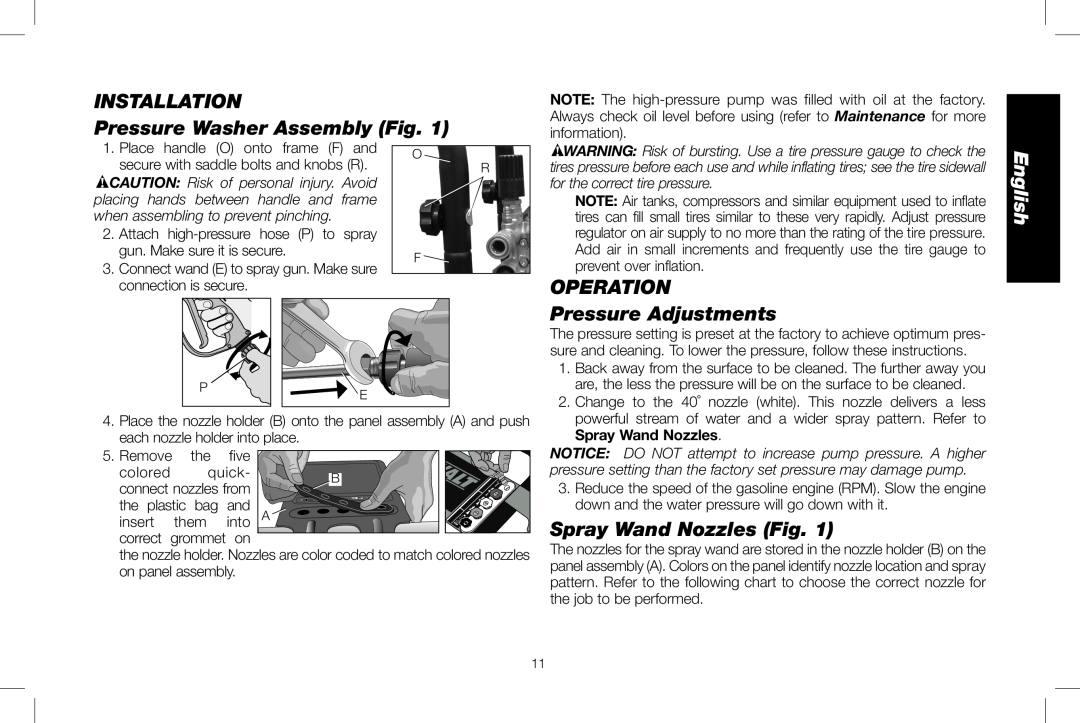 DeWalt DXPW3025 INSTALLATION Pressure Washer Assembly Fig, Operation, Pressure Adjustments, Spray Wand Nozzles Fig 