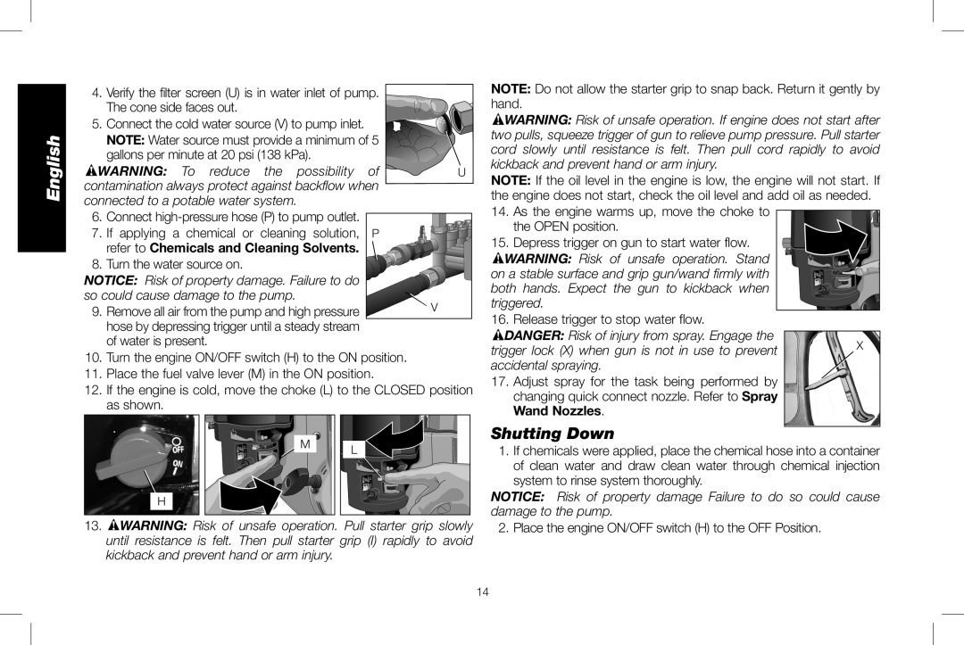 DeWalt DXPW3025 instruction manual Shutting Down, refer to Chemicals and Cleaning Solvents, Wand Nozzles, English 