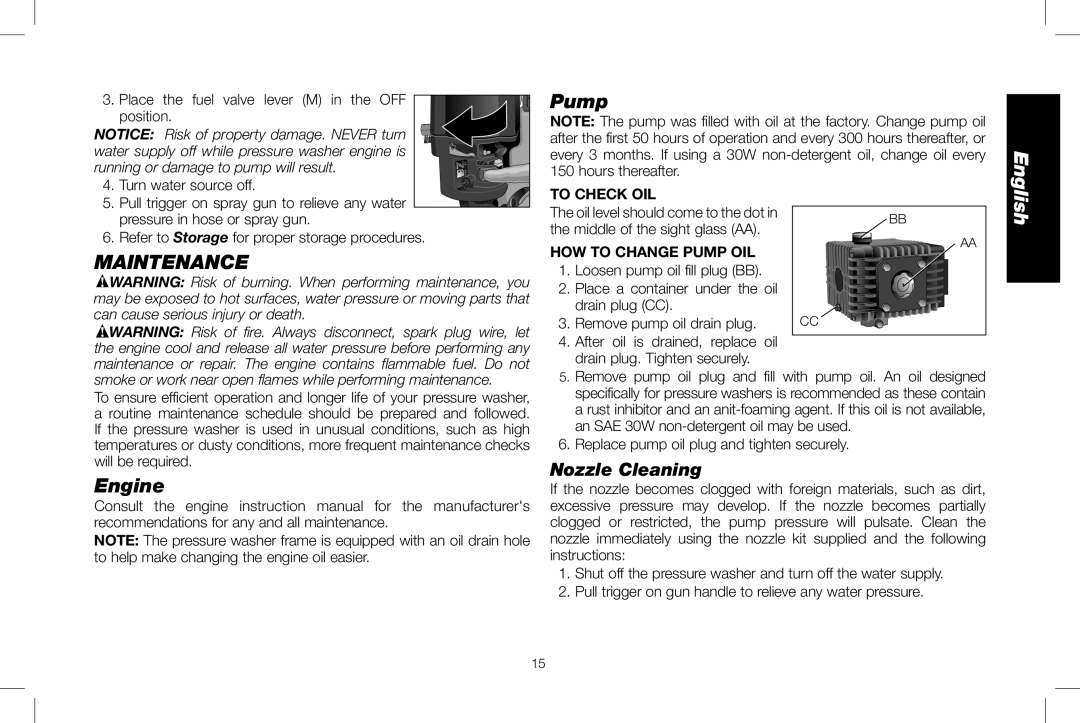 DeWalt DXPW3025 instruction manual Maintenance, Nozzle Cleaning, To Check Oil, How To Change Pump Oil, English, Engine 