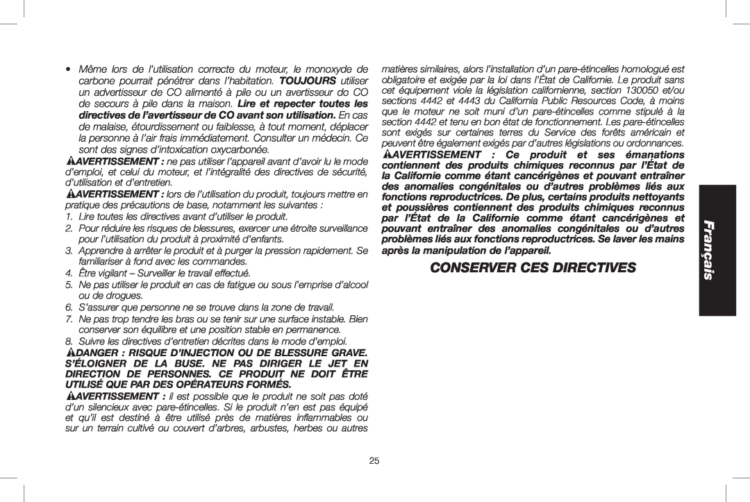 DeWalt DXPW3025 Conserver Ces Directives, Français, Lire toutes les directives avant d’utiliser le produit 