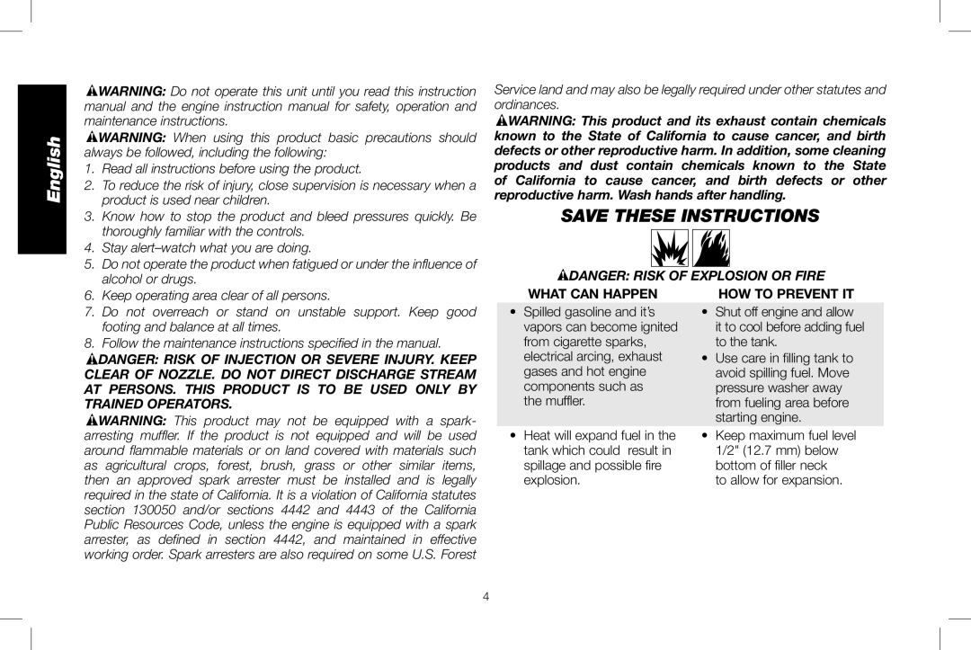 DeWalt DXPW3025 Save these instructions, DANGER Risk of explosion or fire, What can happen, How to prevent it, English 