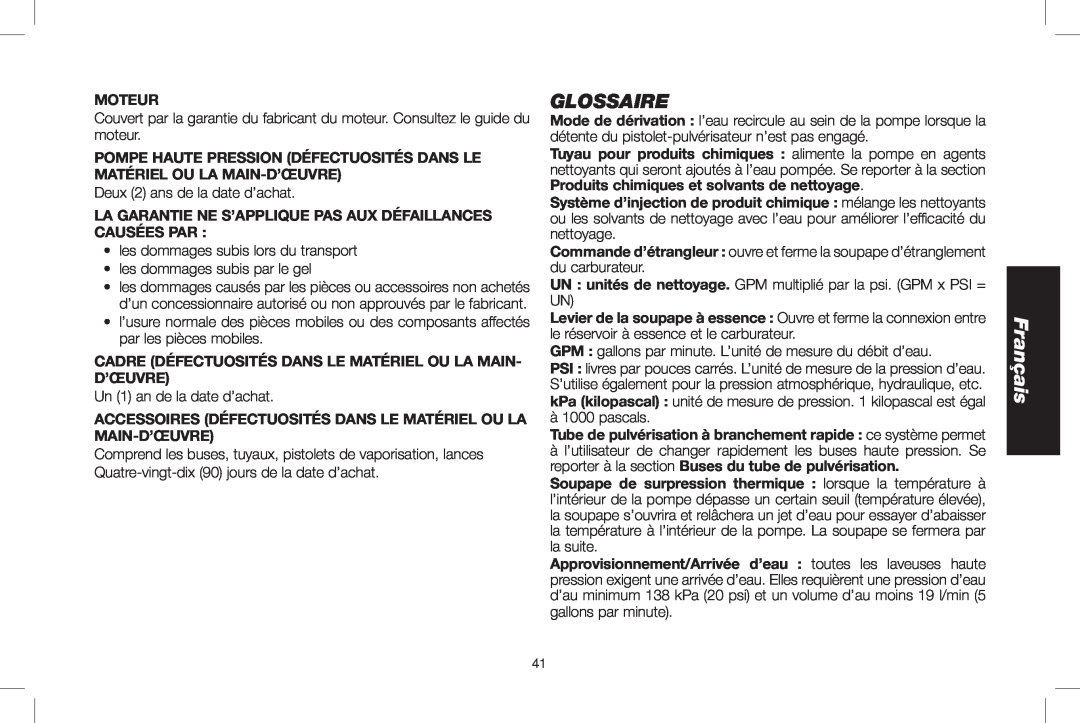 DeWalt DXPW3025 instruction manual Glossaire, Moteur, La garantie ne s’applique pas aux défaillances causées par, Français 
