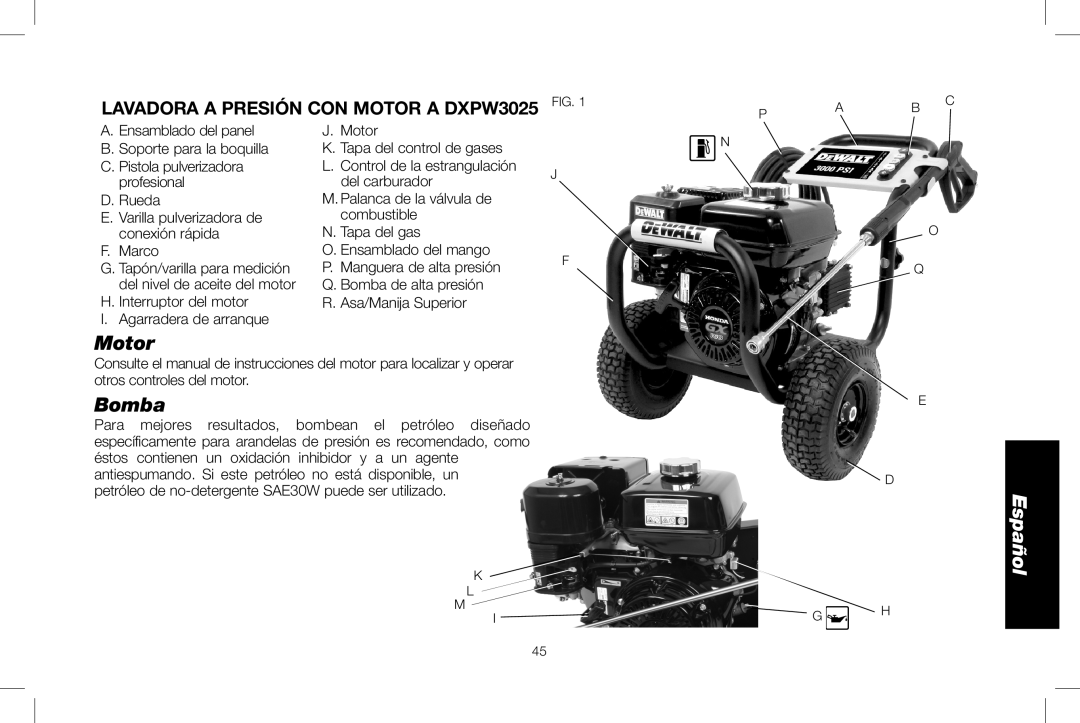 DeWalt instruction manual Motor, Bomba, Español, LAVADORA A PRESIÓN CON MOTOR A DXPW3025 FIG 