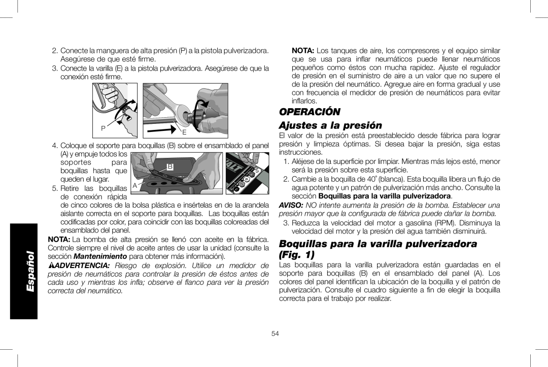 DeWalt DXPW3025 instruction manual OPERACIÓN Ajustes a la presión, Boquillas para la varilla pulverizadora Fig, Español 