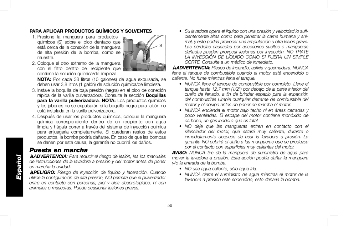 DeWalt DXPW3025 instruction manual Puesta en marcha, Para Aplicar Productos Químicos Y Solventes, Español 