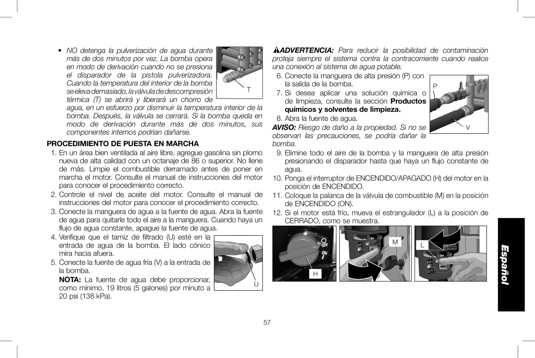 DeWalt DXPW3025 instruction manual Procedimiento De Puesta En Marcha, químicos y solventes de limpieza, Español 