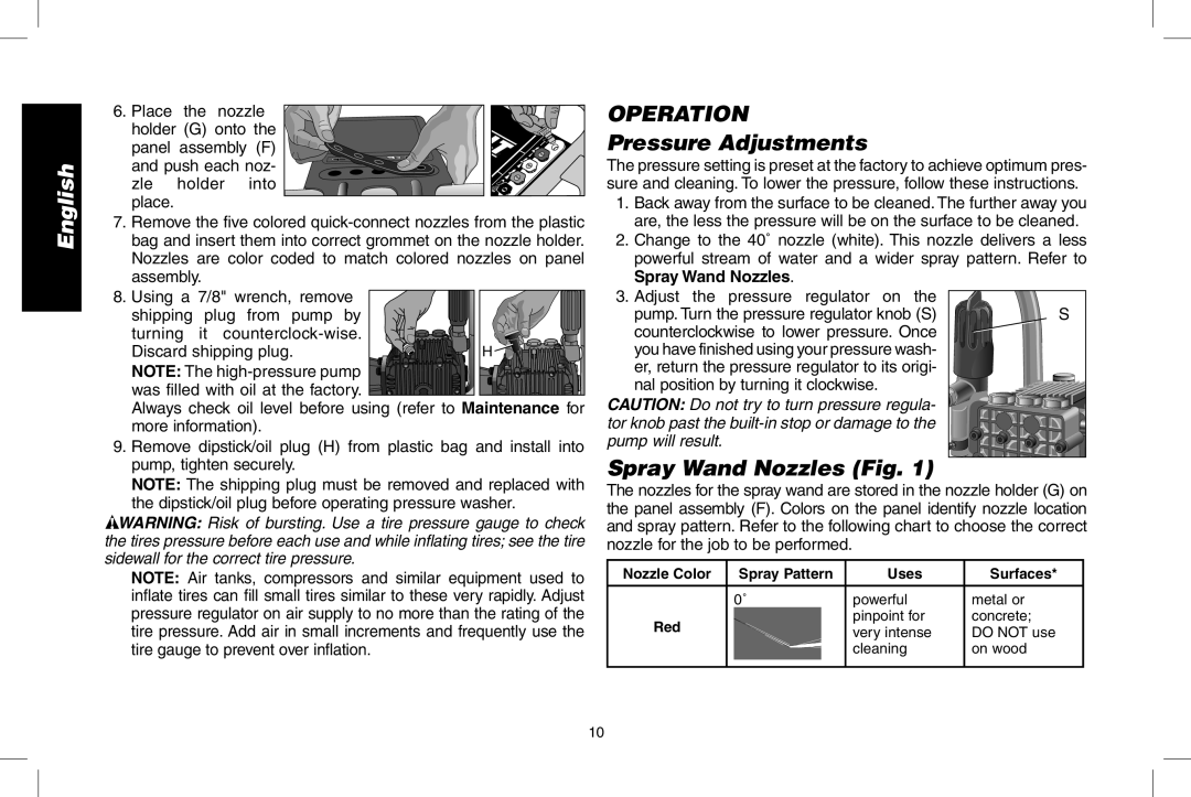 DeWalt DP3900, GX390, A20832 instruction manual OPERATION Pressure Adjustments, Spray Wand Nozzles Fig, English 