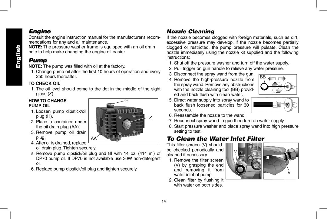 DeWalt A20832 To Clean the Water Inlet Filter, Nozzle Cleaning, To Check Oil, How To Change, Pump Oil, English, Engine 