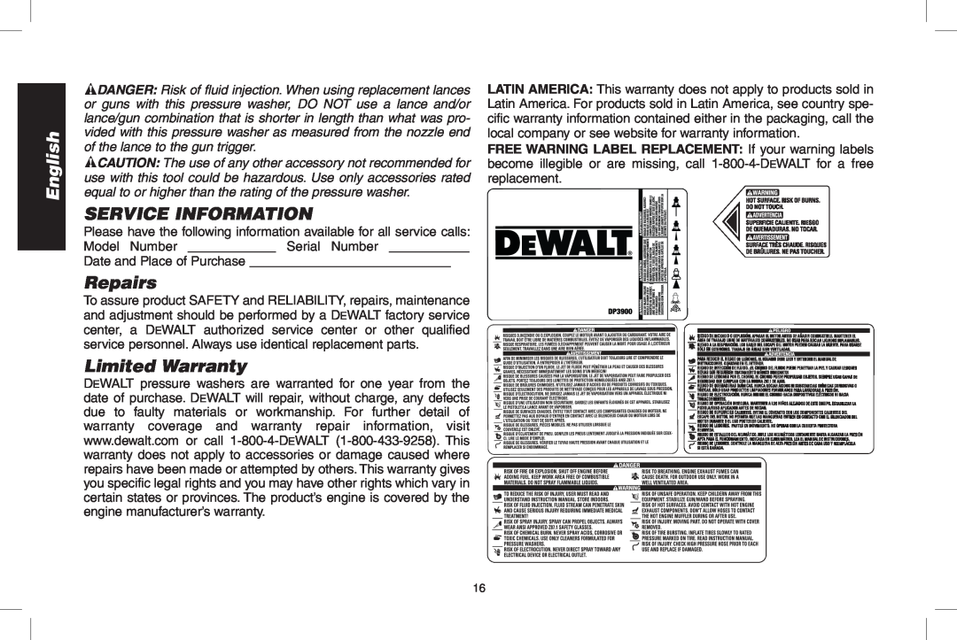 DeWalt DP3900, GX390, A20832 Service Information, Repairs, Limited Warranty, English, Date and Place of Purchase 