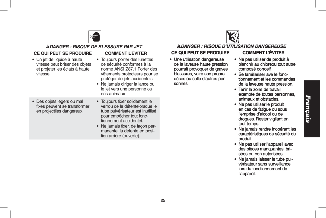 DeWalt DP3900 Danger Risque De Blessure Par Jet, Danger Risque D’Utilisation Dangereuse, Français, Ce Qui Peut Se Produire 