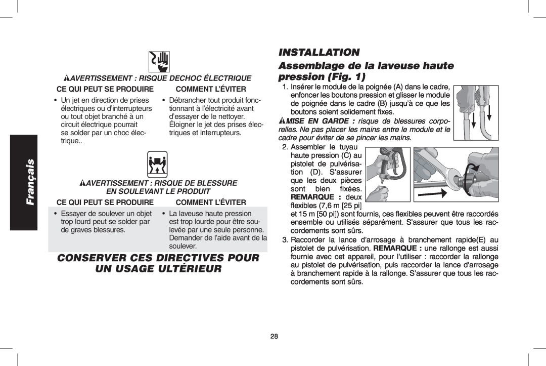 DeWalt DP3900 INSTALLATION Assemblage de la laveuse haute pression Fig, Conserver Ces Directives Pour Un Usage Ultérieur 