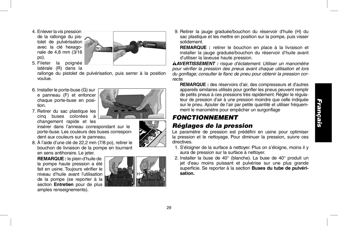 DeWalt A20832, GX390, DP3900 instruction manual FONCTIONNEMENT Réglages de la pression, Français 