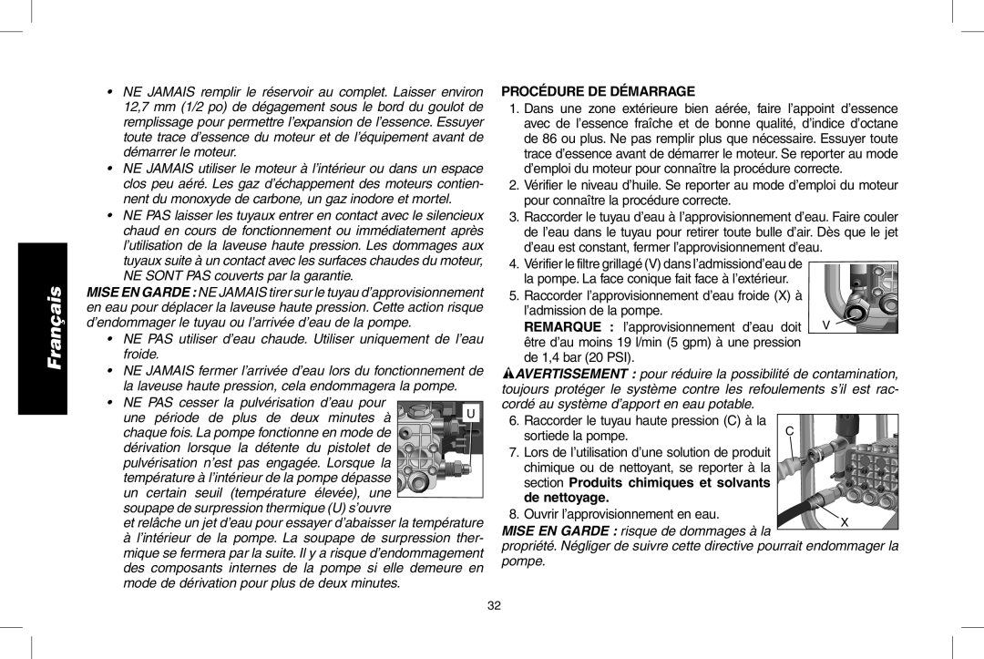DeWalt A20832, GX390, DP3900 Procédure De Démarrage, section Produits chimiques et solvants, de nettoyage, Français 