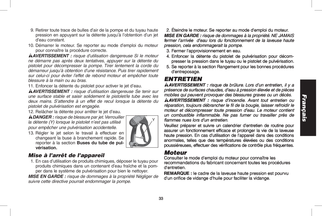 DeWalt GX390, DP3900, A20832 instruction manual Entretien, Mise à l’arrêt de l’appareil, Moteur, Français 