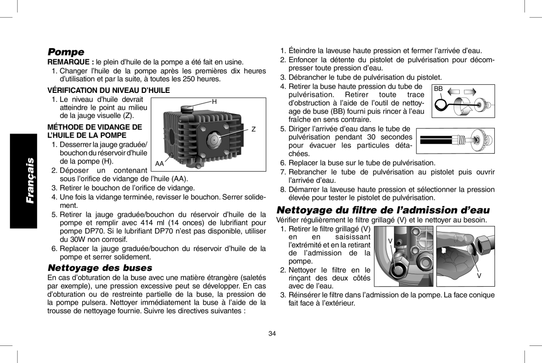 DeWalt DP3900, GX390 Pompe, Nettoyage du ﬁltre de l’admission d’eau, Nettoyage des buses, Vérification Du Niveau D’Huile 